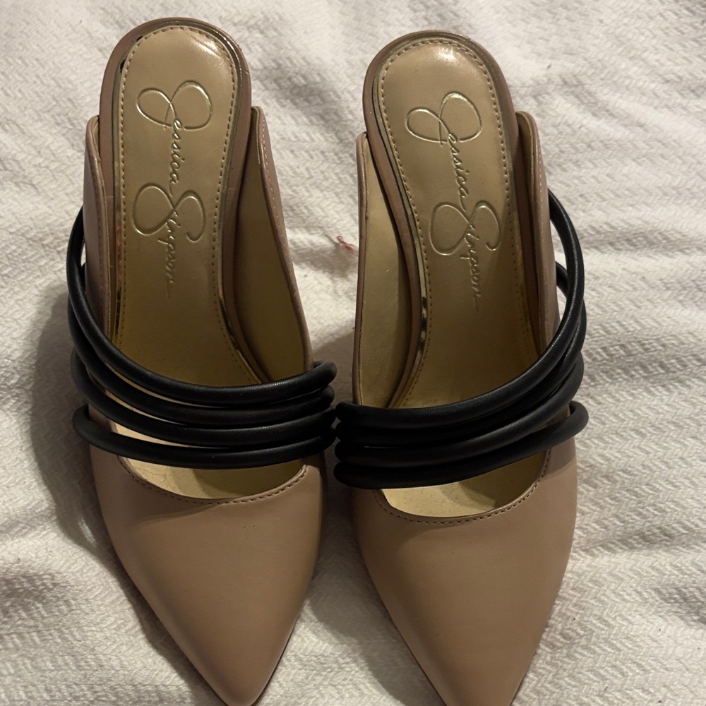 Jessica Simpson Nude and Black Strappy Heels